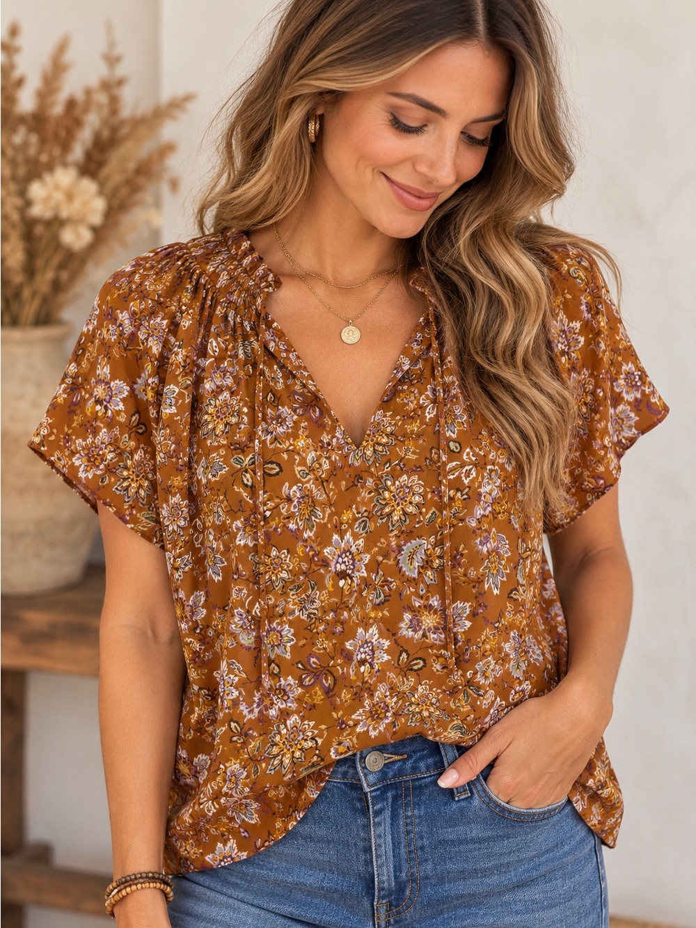 LOFT XL Brown Floral Split Neck Ruffle Tie Blouse Boho Fall Short Sleeve